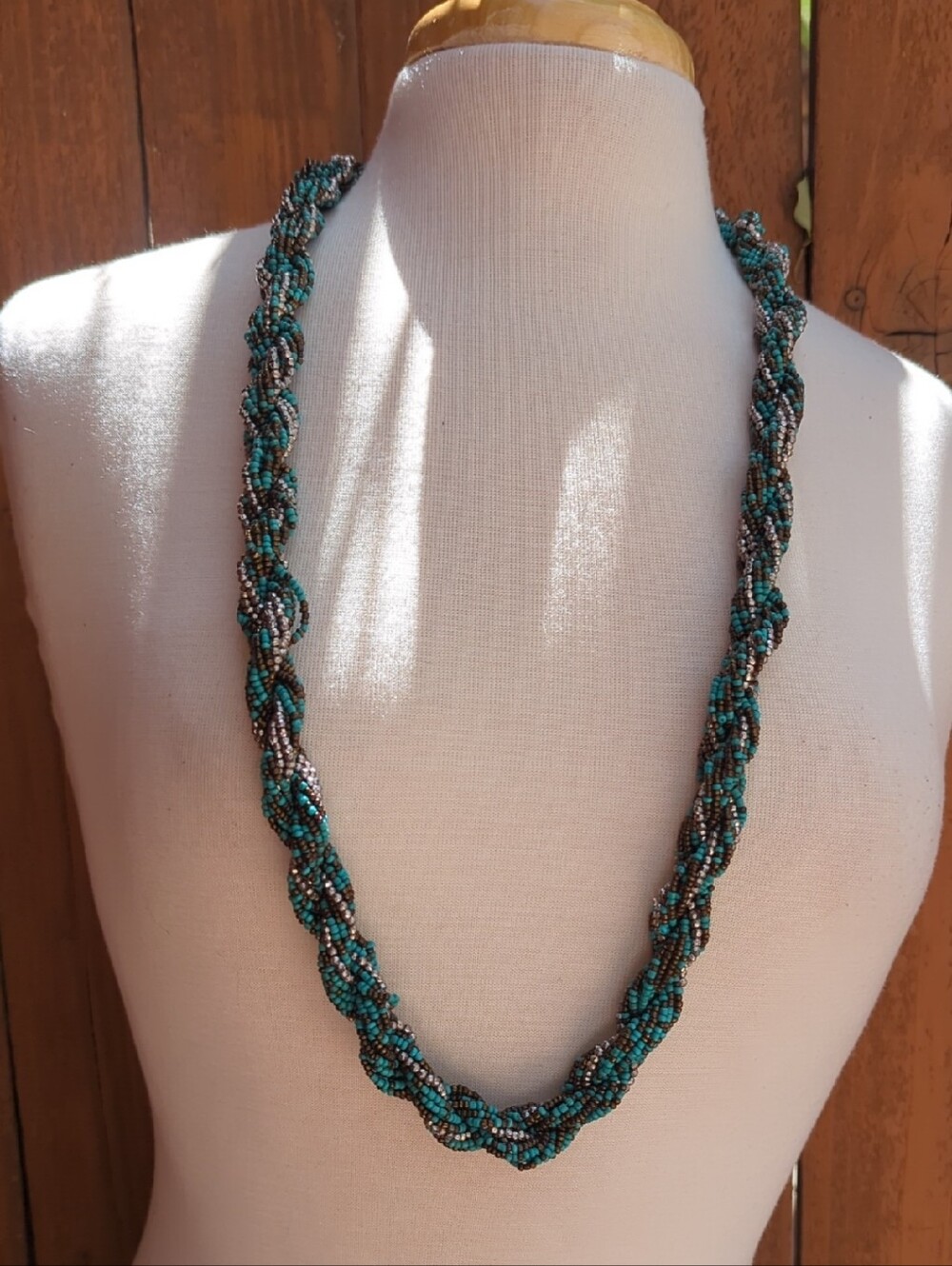 Chico's Braided Seed Bead Necklace in Teal and Gunmetal